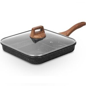 ESLITE LIFE 11 “ Inch Nonstick Divided Grill Pan with Lid PTFE & PFOA Free Black